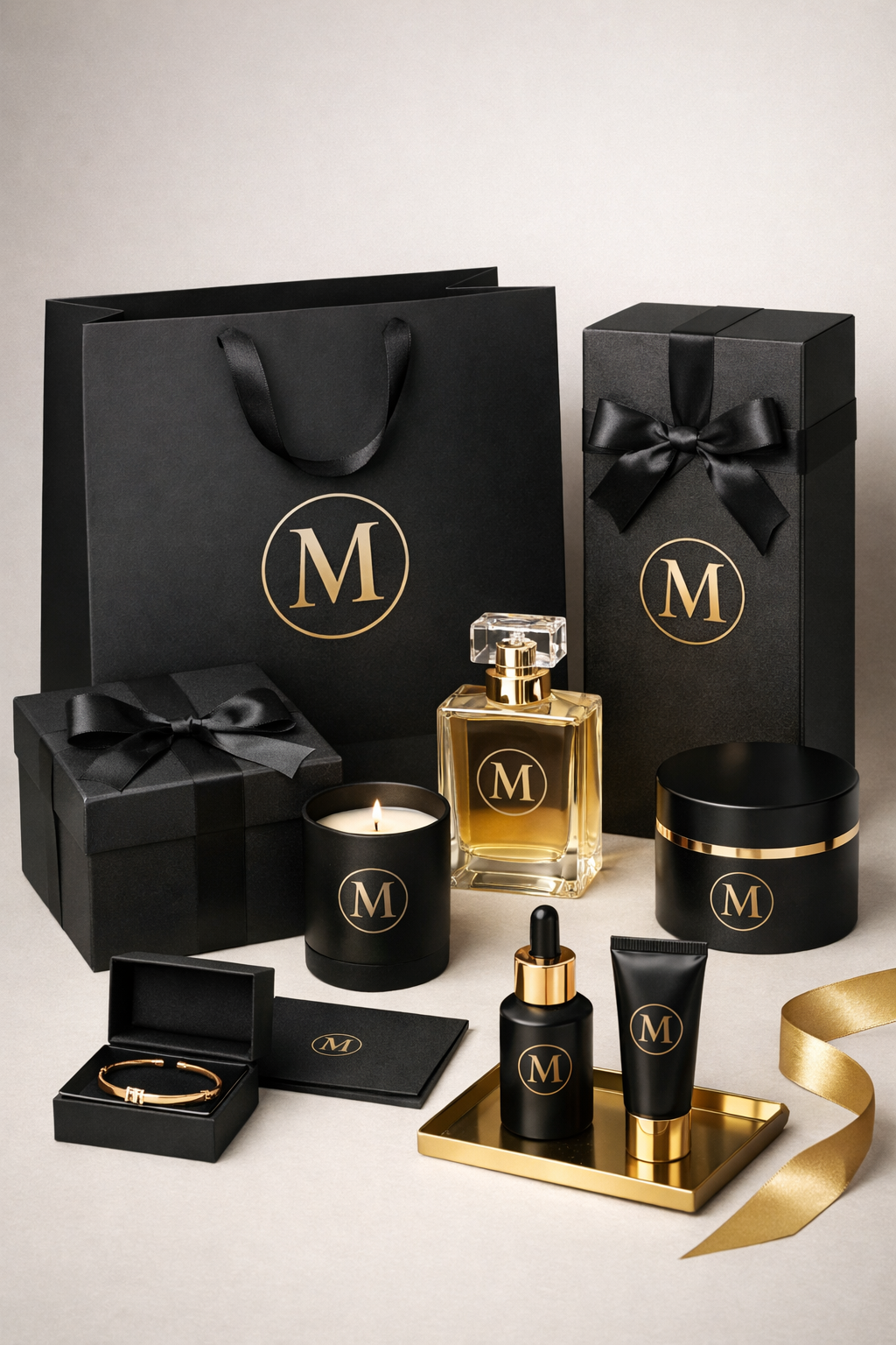 Luxury brand products with consistent visual identity and premium packaging
