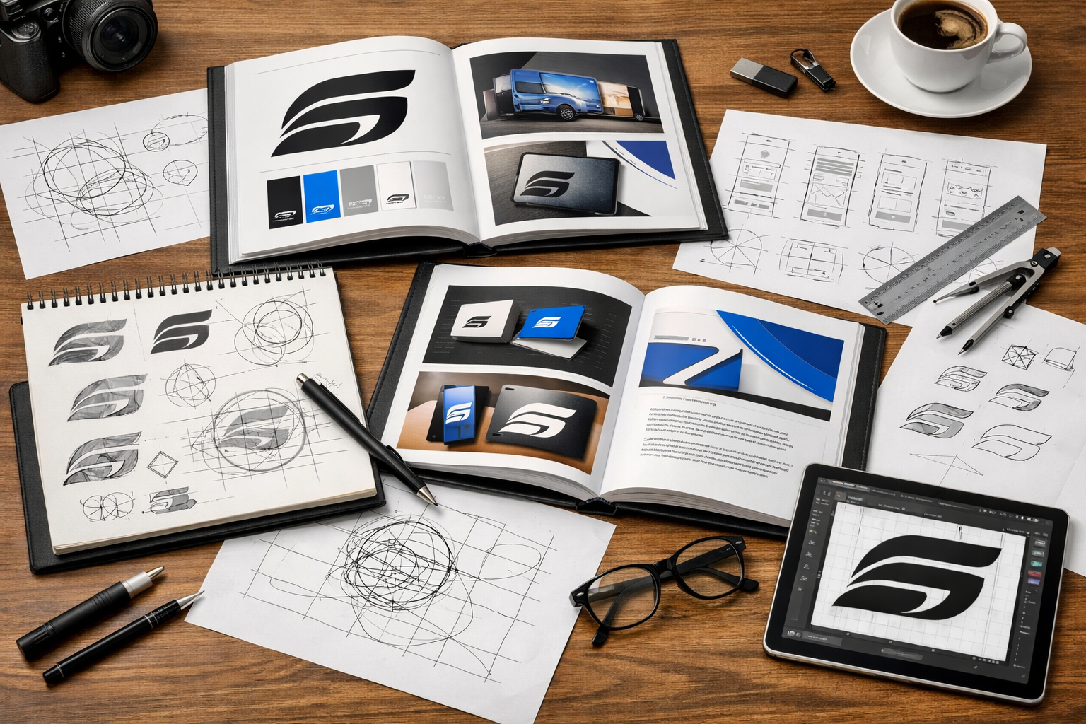 Selection of design portfolios and sketches on a desk