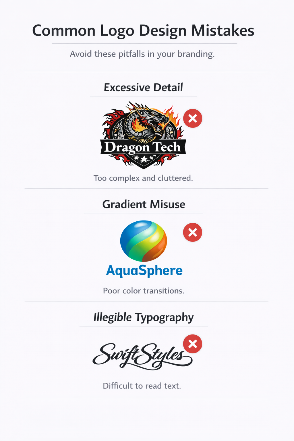 Examples of common logo design mistakes: excessive detail, gradient misuse, illegible typography